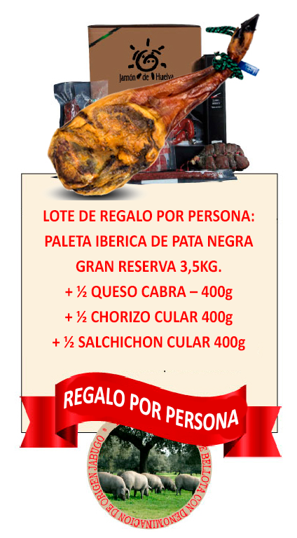 Regalo de Lote productos Ibéricos de Jabugo :: Paleta Ibérica Pata Negra Gran Reserva 3.5Kg. :: 1/2 Chorizo Cular :: 1/2 Salchichon Cular :: 1 Queso de Cabra