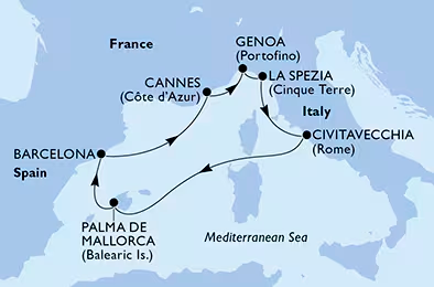 Mapa Crucero Mediterraneo :: Crucero MSC Grandiosa