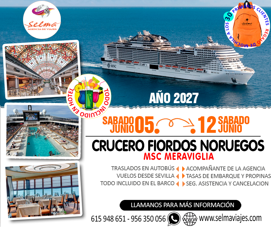 Crucero Cultural en Grupo :: Crucero Fiordos Noruegos :: MSC Meraviglia :: Vuelos desde Sevilla :: Todo Incluido :: Paquete EASY en Bebidas :: Guia de la Agencia :: 8 Días