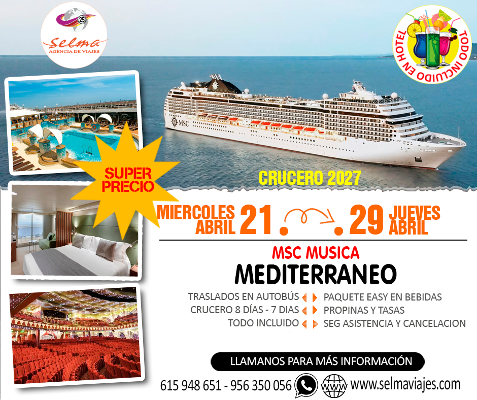 Crucero Cultural en Grupo :: Crucero Mediterraneo :: MSC Musica :: Traslados en Autobus :: Todo Incluido :: Paquete EASY en Bebidas :: Guia de la Agencia :: 8 Días